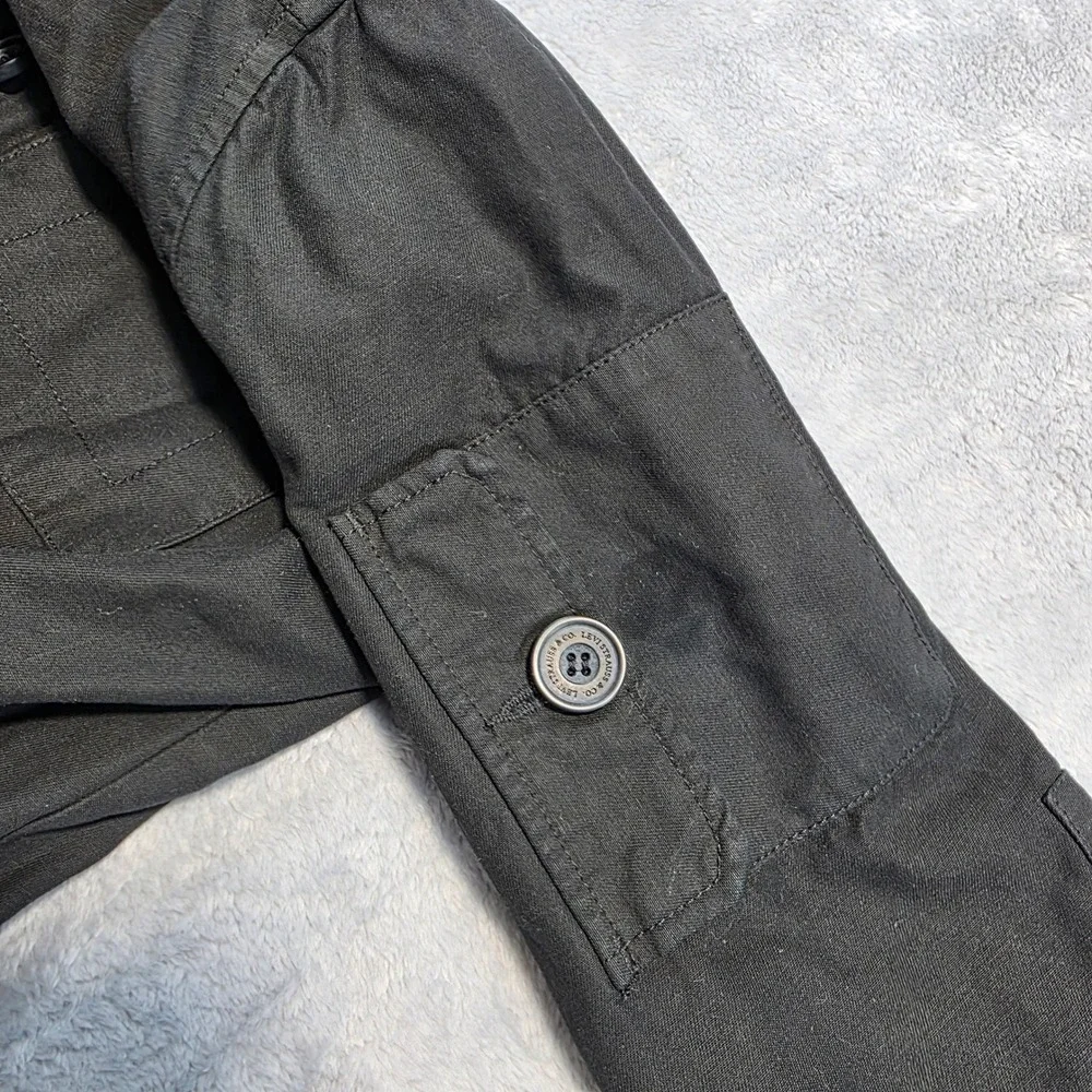 Levi's Women Medium Black Denim Field Jacket Hooded‎ Military Utility Cargo Coat